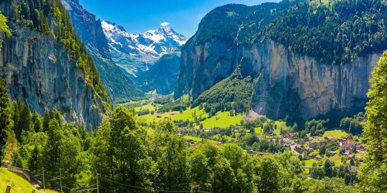 Panoramic view of Lauterbrunnen valley village of Lauterbrunnen the Staubbach Fall and the Lauterbrunnen Wall
