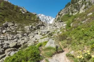 Sentiero di montagna ripido che sale in vetta in primavera Fenetre d'Arpette