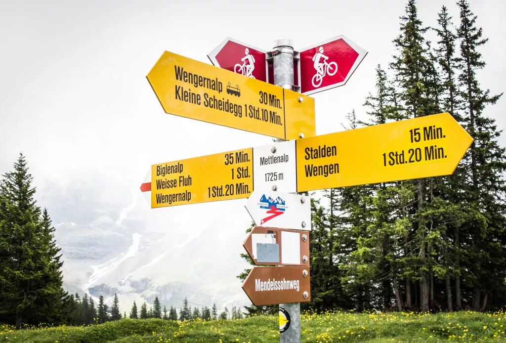 Trail signs near Kleine Scheidegg Switzerland